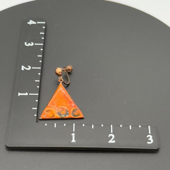 Vintage Artistic Copper Orange Enamel Triangle Screw Back Earrings - Picture 9 of 9